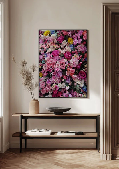Farbenfrohe Rosa Rosen Blumenwand Magenta Weiß Lila Üppiges Gemälde