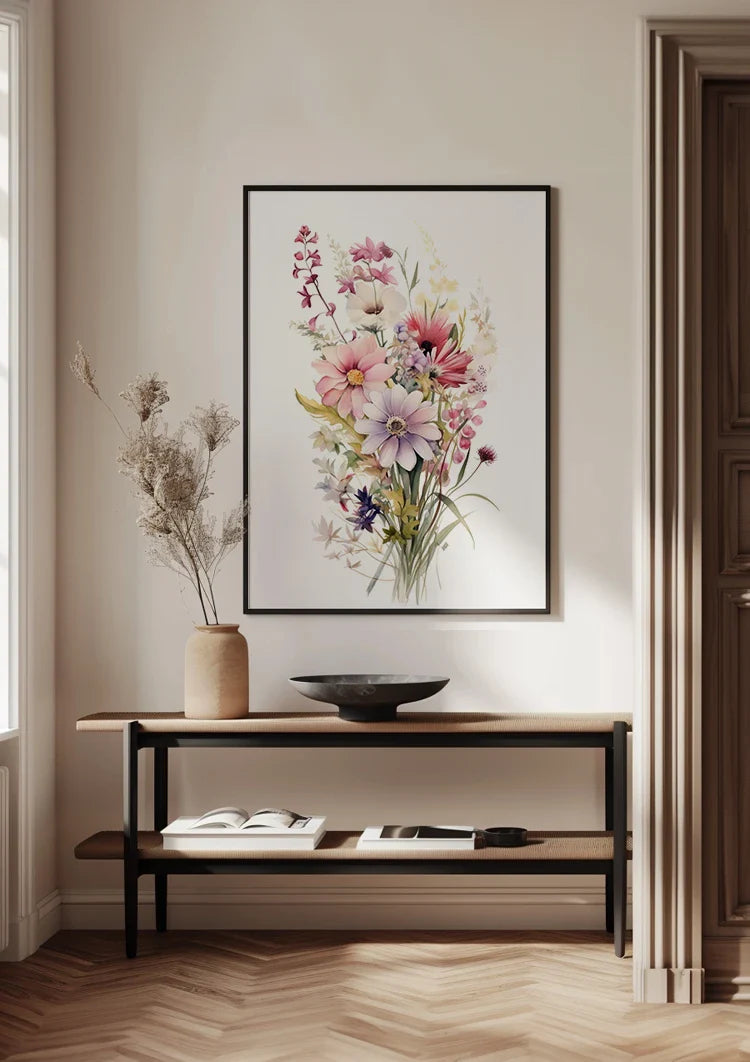 Aquarell Blumenstrauß Rosa Lila Kosmos Zarte Wildblumen Pastell Gemälde