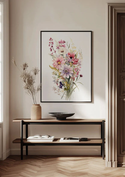 Aquarell Blumenstrauß Rosa Lila Kosmos Zarte Wildblumen Pastell Gemälde
