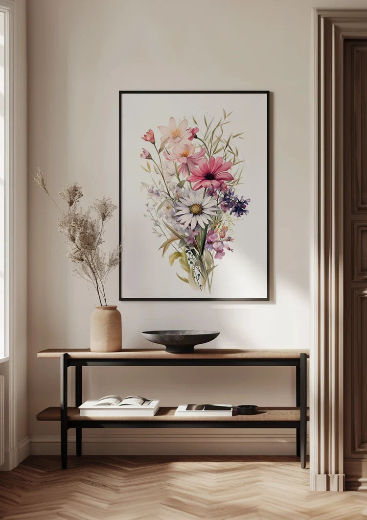 Aquarell Blumenstrauß Gänseblümchen Mohn Lila Rosa Wildblumenpracht Gemälde