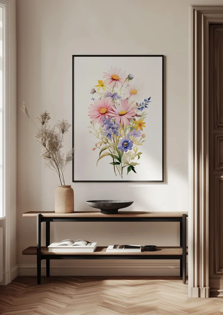 Aquarellstrauß Rosa Gänseblümchen Orange Lilie Lila Wildblumen Fröhliches Gemälde