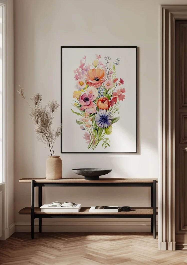 Aquarellstrauß Anemone Mohn Lila Orange Bunte Gartenblumen Gemälde