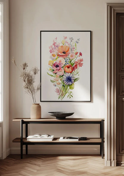 Aquarellstrauß Anemone Mohn Lila Orange Bunte Gartenblumen Gemälde