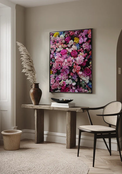 Farbenfrohe Rosa Rosen Blumenwand Magenta Weiß Lila Üppiges Gemälde