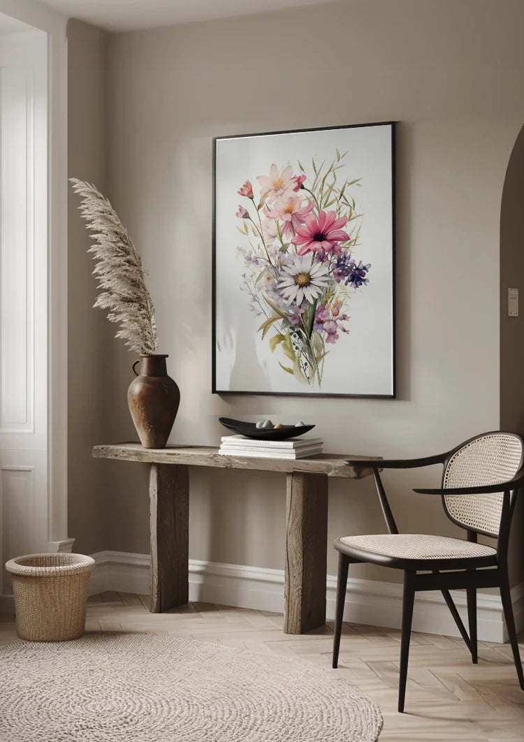 Aquarell Blumenstrauß Gänseblümchen Mohn Lila Rosa Wildblumenpracht Gemälde