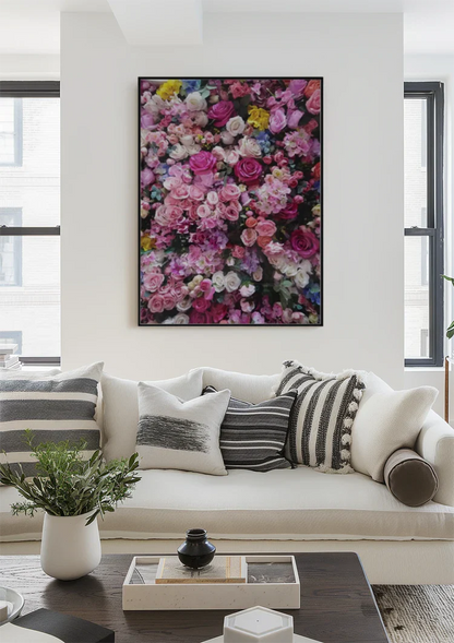 Farbenfrohe Rosa Rosen Blumenwand Magenta Weiß Lila Üppiges Gemälde