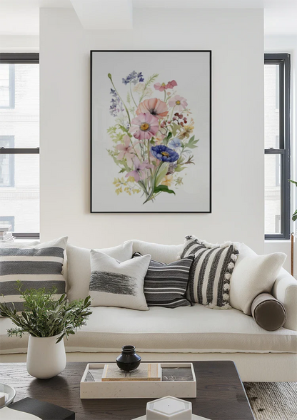 Aquarell Wildblumenstrauß Pastellfarben Rosa Blau Zart Botanisches Gemälde