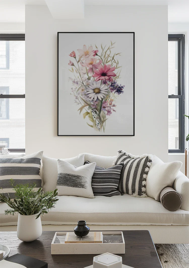 Aquarell Blumenstrauß Gänseblümchen Mohn Lila Rosa Wildblumenpracht Gemälde