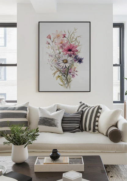 Aquarell Blumenstrauß Gänseblümchen Mohn Lila Rosa Wildblumenpracht Gemälde