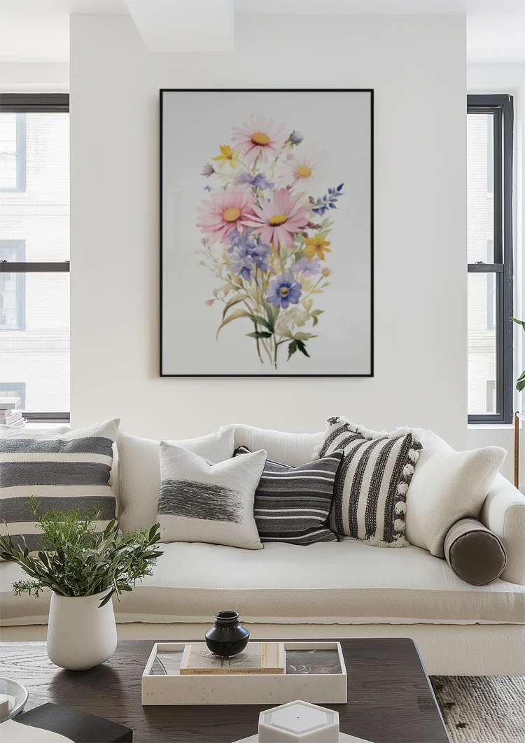 Aquarellstrauß Rosa Gänseblümchen Orange Lilie Lila Wildblumen Fröhliches Gemälde