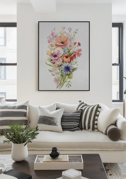 Aquarellstrauß Anemone Mohn Lila Orange Bunte Gartenblumen Gemälde