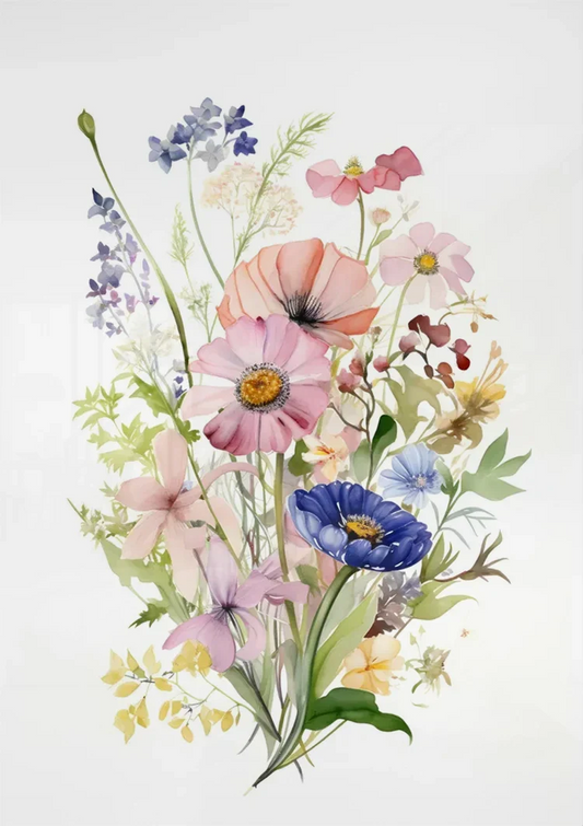 Het wildbloemenboeket in roze en blauw canvas schilderij boven het bed in de slaapkamer