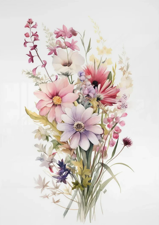 Het bloemboeket met roze cosmos canvas schilderij boven het bed in de slaapkamer