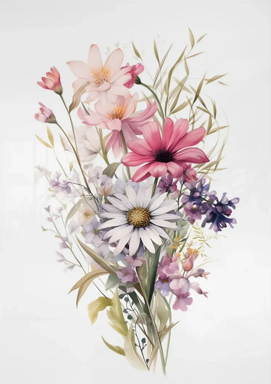 Boeket met wilde bloemen canvas schilderij aan de muur boven het bed in de slaapkamer.