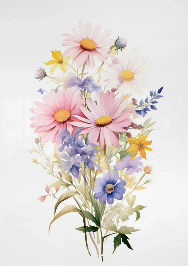 Aquarellstrauß Rosa Gänseblümchen Orange Lilie Lila Wildblumen Fröhliches Gemälde