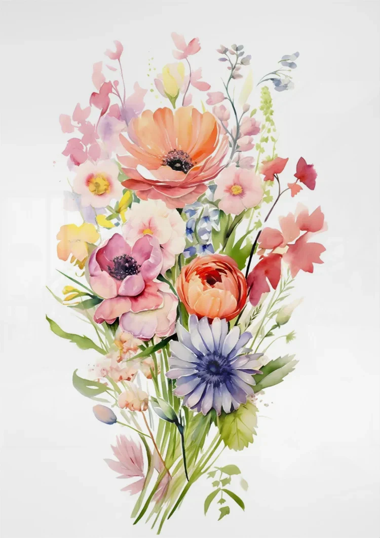 Aquarellstrauß Anemone Mohn Lila Orange Bunte Gartenblumen Gemälde