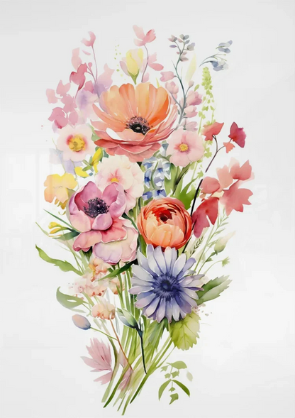 Aquarellstrauß Anemone Mohn Lila Orange Bunte Gartenblumen Gemälde