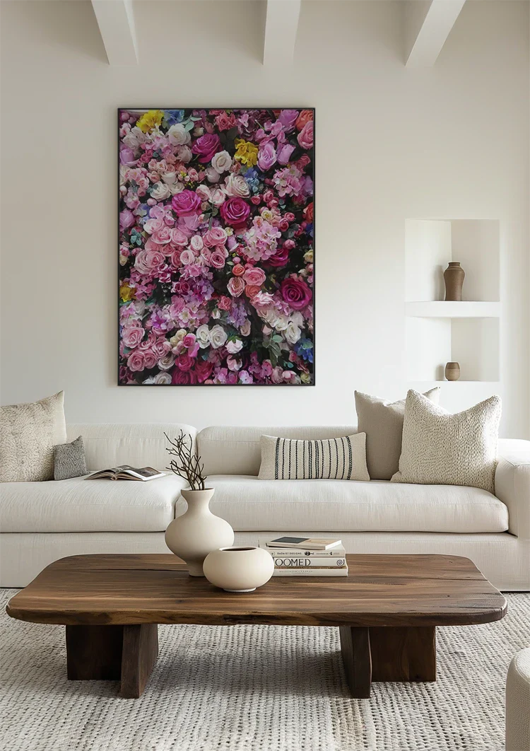 Farbenfrohe Rosa Rosen Blumenwand Magenta Weiß Lila Üppiges Gemälde