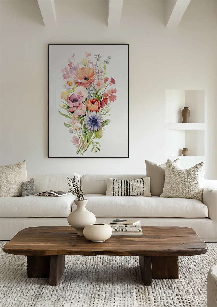 Aquarellstrauß Anemone Mohn Lila Orange Bunte Gartenblumen Gemälde