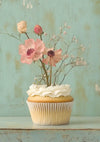 Cupcake Met Roze Bloemen Mint Achtergrond Romantisch Pastel Schilderij