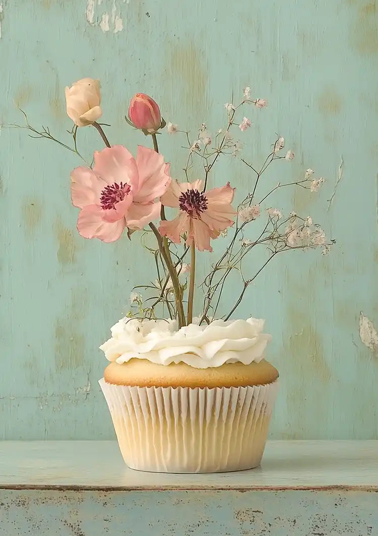 Cupcake Met Roze Bloemen Mint Achtergrond Romantisch Pastel Schilderij