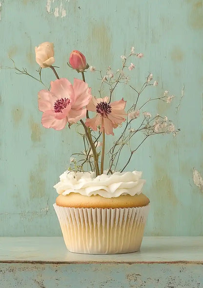 Cupcake Met Roze Bloemen Mint Achtergrond Romantisch Pastel Schilderij