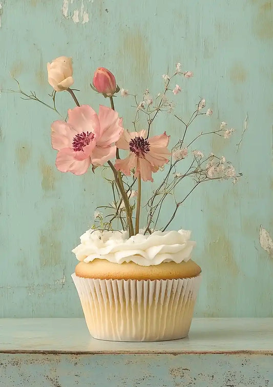 Cupcake canvas schilderij met roze bloemen en een mintgroene achtergrond