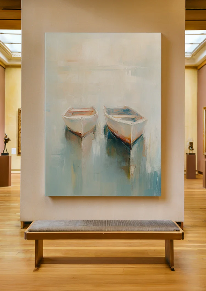 Twee Roeibootjes Drijvend Mistig Kalm Water Pasteltinten Impressionistisch Schilderij