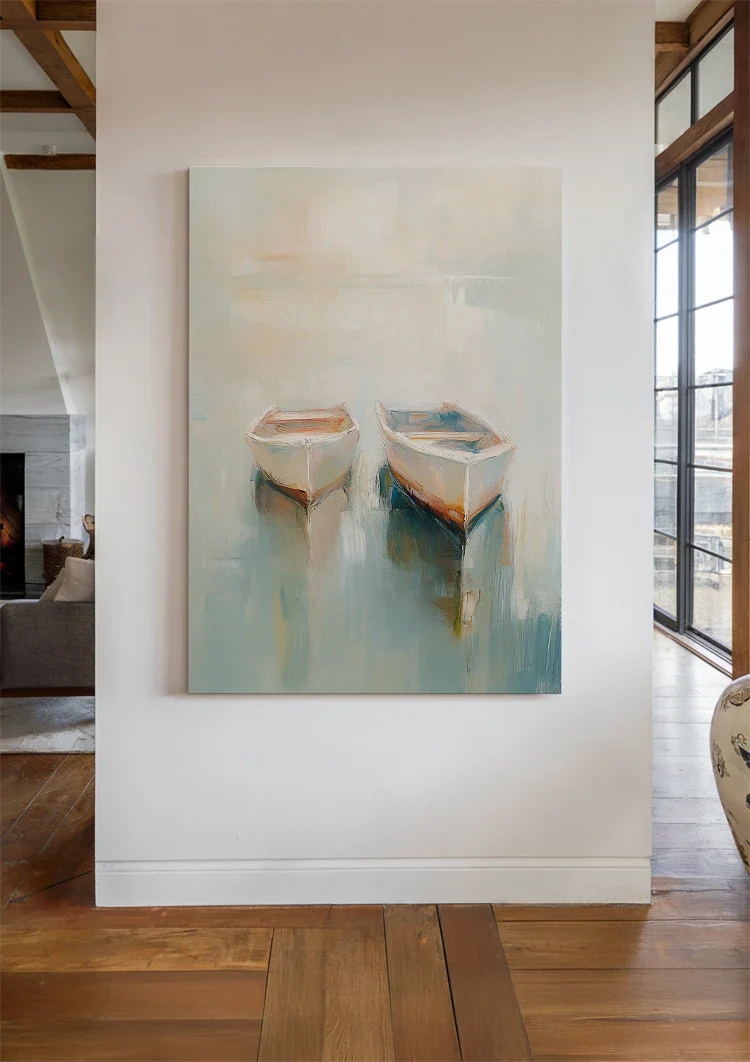 Twee Roeibootjes Drijvend Mistig Kalm Water Pasteltinten Impressionistisch Schilderij