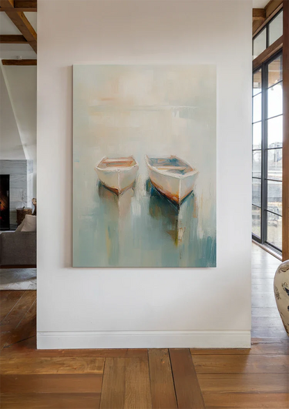 Twee Roeibootjes Drijvend Mistig Kalm Water Pasteltinten Impressionistisch Schilderij