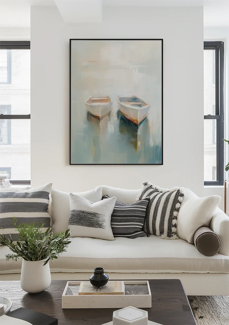 Twee Roeibootjes Drijvend Mistig Kalm Water Pasteltinten Impressionistisch Schilderij