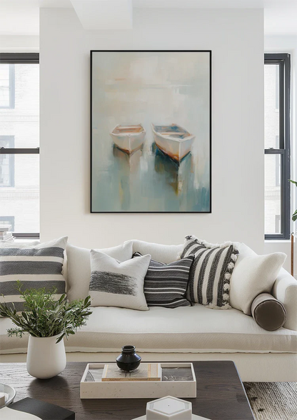 Twee Roeibootjes Drijvend Mistig Kalm Water Pasteltinten Impressionistisch Schilderij