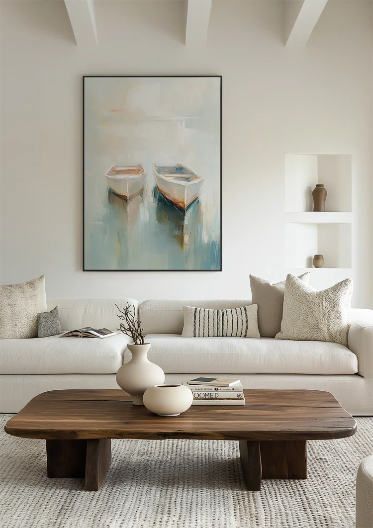 Twee Roeibootjes Drijvend Mistig Kalm Water Pasteltinten Impressionistisch Schilderij