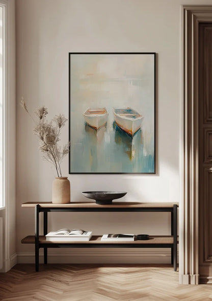 Twee Roeibootjes Drijvend Mistig Kalm Water Pasteltinten Impressionistisch Schilderij