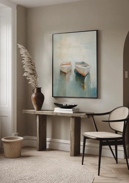 Twee Roeibootjes Drijvend Mistig Kalm Water Pasteltinten Impressionistisch Schilderij