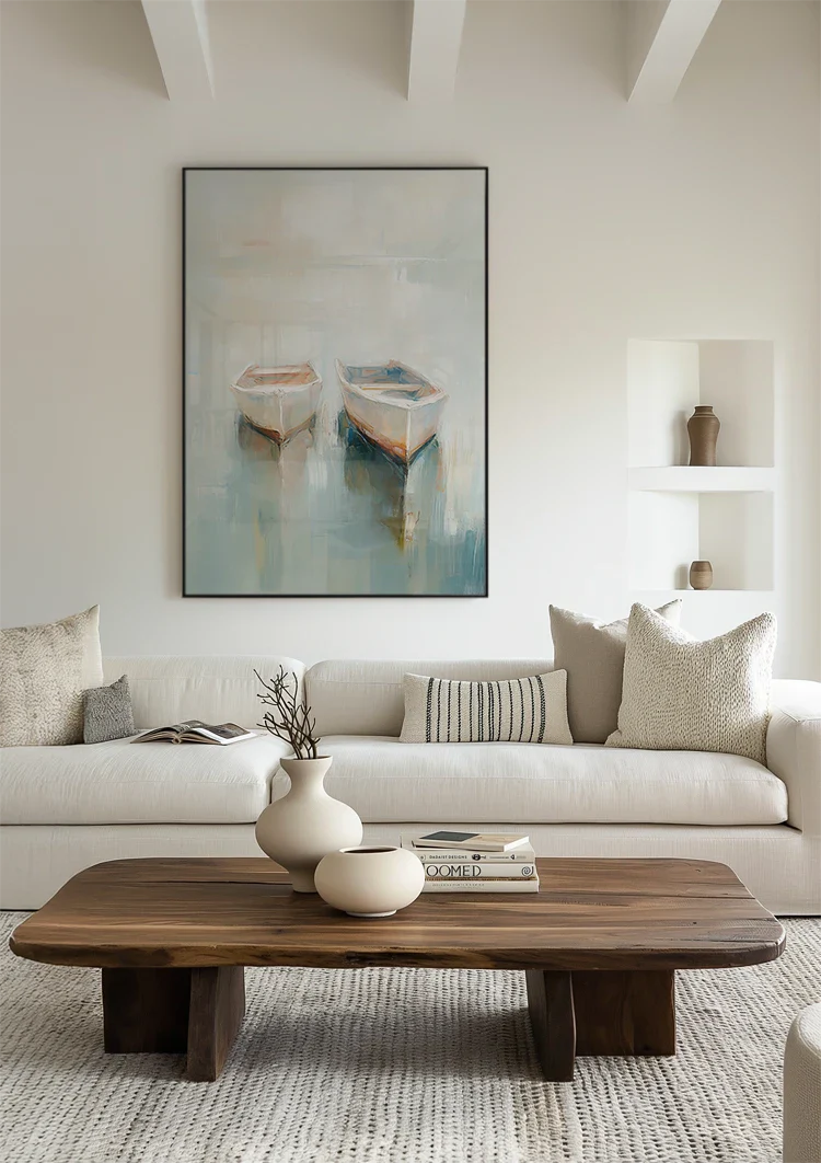 Twee Roeibootjes Drijvend Mistig Kalm Water Pasteltinten Impressionistisch Schilderij