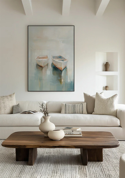Twee Roeibootjes Drijvend Mistig Kalm Water Pasteltinten Impressionistisch Schilderij