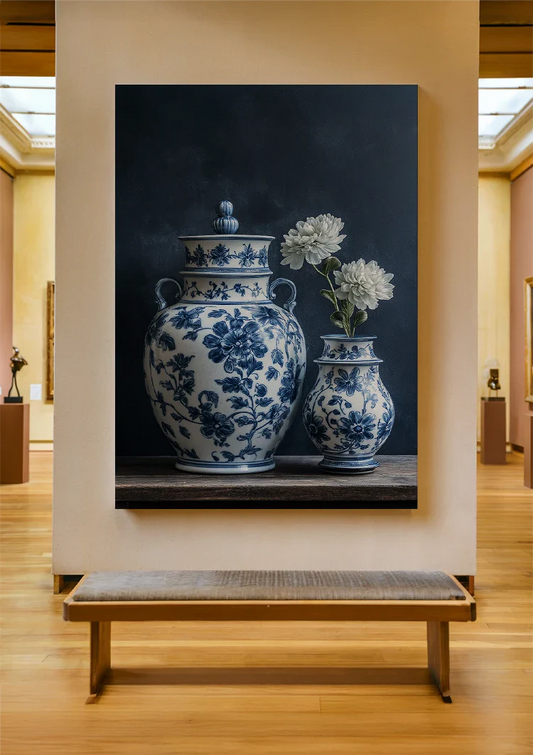 Delfts blauwe vazen canvas schilderij boven het halkastje in de hal.