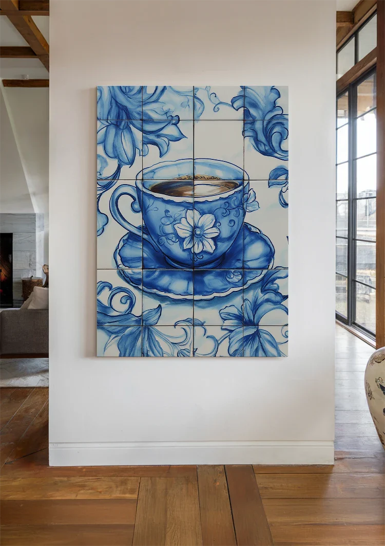 Delft-Blauwe-Kacheln Teetasse Blumenmuster Klassisches Niederländisches Gemälde