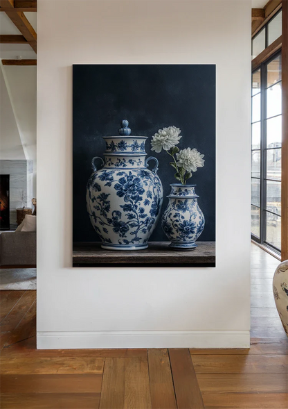 Delfts Blauwe Vazen Bloemmotief Wit Bloemen Donkere Achtergrond Stilleven Schilderij