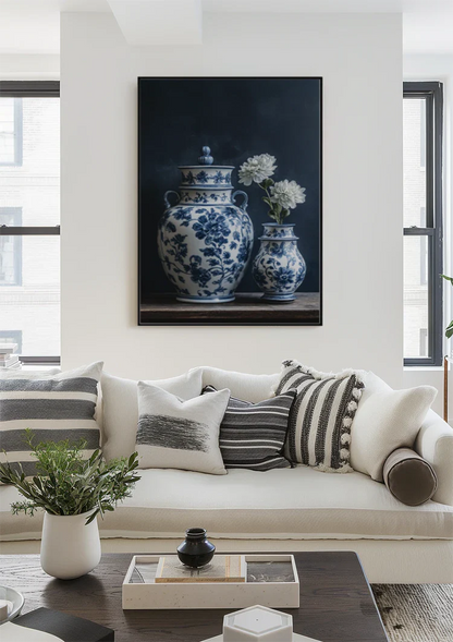 Delfts Blauwe Vazen Bloemmotief Wit Bloemen Donkere Achtergrond Stilleven Schilderij