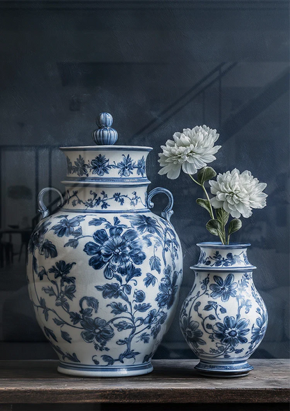 Delfts Blauwe Vazen Bloemmotief Wit Bloemen Donkere Achtergrond Stilleven Schilderij