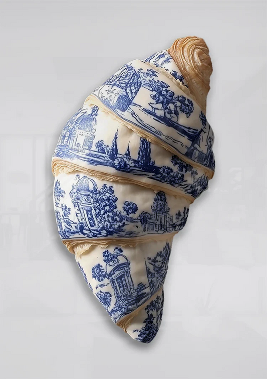 Croissant met windmolens canvas schilderij aan de muur boven het bed in de slaapkamer