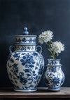 Delfts Blauwe Vazen Bloemmotief Wit Bloemen Donkere Achtergrond Stilleven Schilderij
