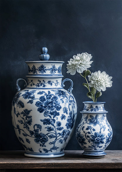 Delfts Blauwe Vazen Bloemmotief Wit Bloemen Donkere Achtergrond Stilleven Schilderij