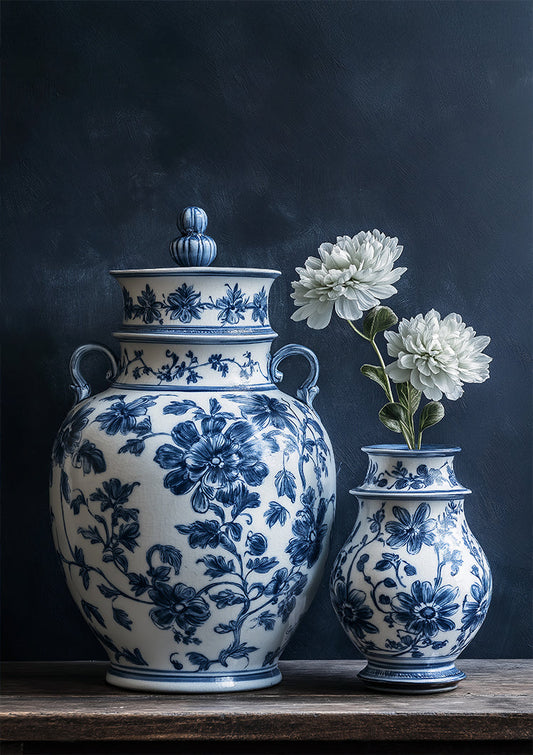 Delfts blauwe vazen canvas schilderij in blauw, wit en bruin, als stilleven.