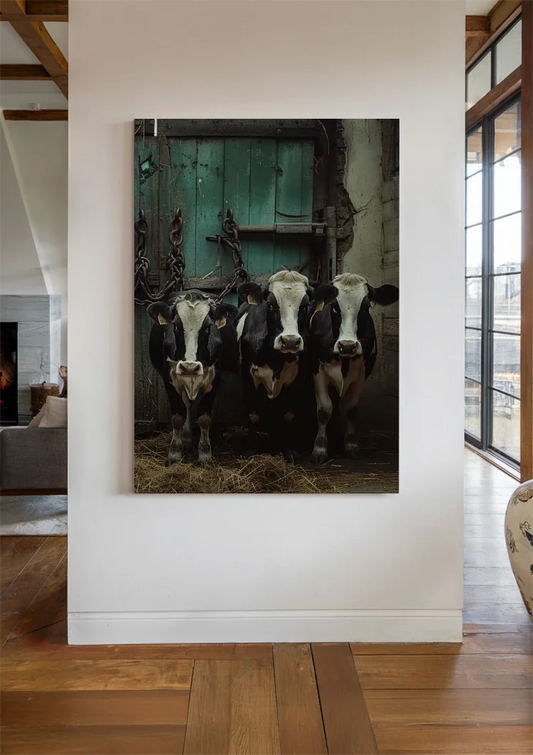 Koeien canvas schilderij aan de muur in een lichte hal bij de voordeur