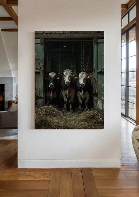De zwartbonte koeien canvas schilderij aan de muur in de hal