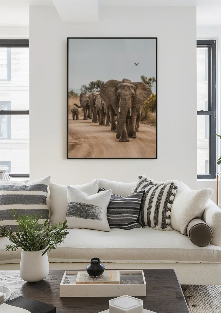 Kudde Olifanten Kalveren Zandpad Afrikaanse Natuur Schilderij