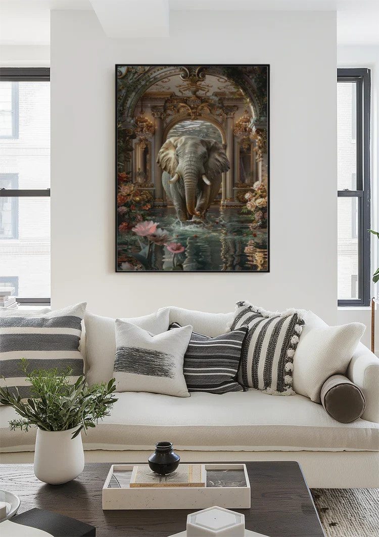 Majestueuze Olifant Fantasie Paleis Lotusbloemen Barok Ornament Schilderij